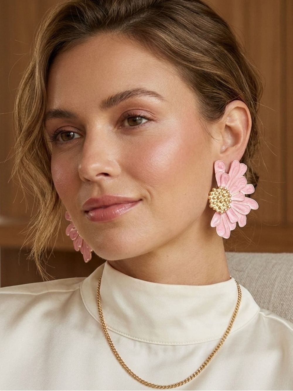 Pink Floral Drop Earrings with Gold Center
